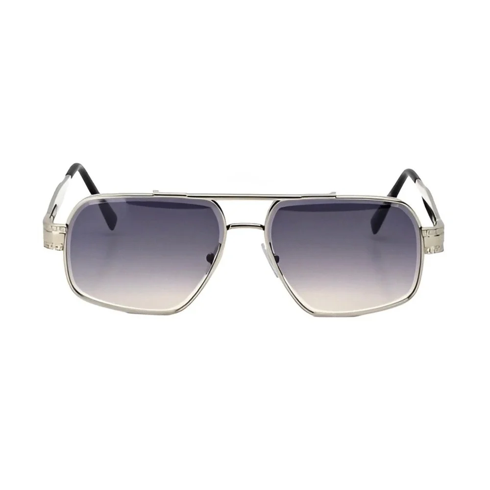 Mens Silver Square Aviator‎ Sunglasses Smoke Gradient Lens Engraved Metal Frame